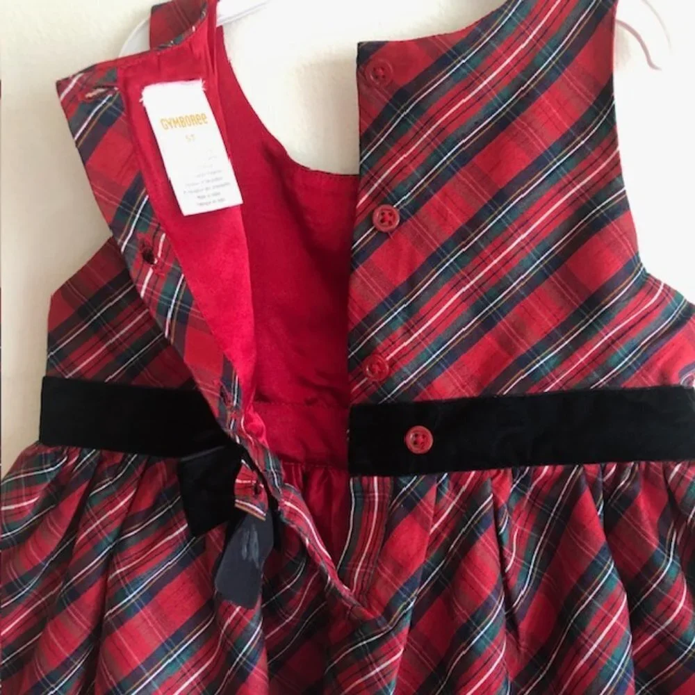 GYMBOREE Red Tartan Plaid Sleeveless Black Velvet Bow Dress 5T